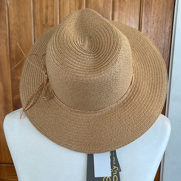 Style & Co Tan Straw Sun Floppy Beach Hat With  bow String tie Adjustable - Picture 2 of 10
